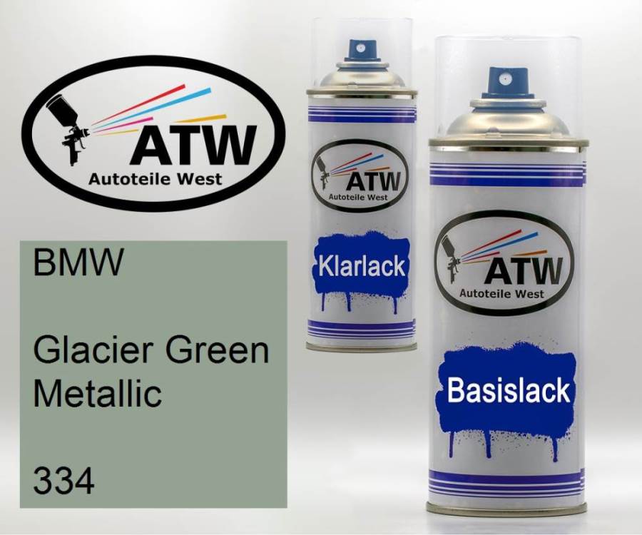 BMW, Glacier Green Metallic, 334: 400ml Sprühdose + 400ml Klarlack - Set, von ATW Autoteile West.